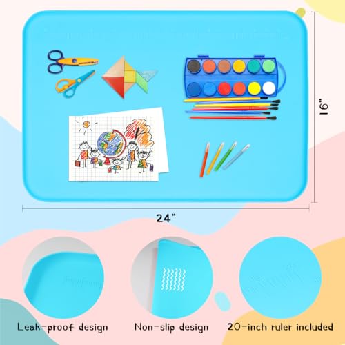 Silicone Painting Mat with Raised Sides, 24" x 16" Playdoh Art Mat | Food-Grade Silicone Art Mat for Crafts, Protects Table From Spills, Stains, Paint Mats for Clay, Jewelry-Making - color: Blue