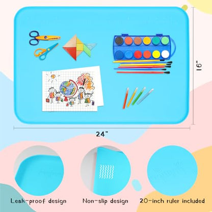 Silicone Painting Mat with Raised Sides, 24" x 16" Playdoh Art Mat | Food-Grade Silicone Art Mat for Crafts, Protects Table From Spills, Stains, Paint Mats for Clay, Jewelry-Making - color: Blue