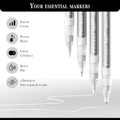 Pinturale Arts White Paint Pens Extra Fine Point | Set 4 White Acrylic Paint Pen Extra Fine Tip (0.7mm & 0.5mm) | For Black Paper, Ceramics, Rock Painting, Glass, Wood, Canvas, Metal - color: White