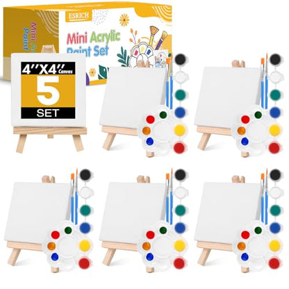 ESRICH 5 Set Mini Acrylic Paint Set,Minis Canvas Painting Kit,St. Patrick's Party Gifts,4 * 4in Canvas with Easel,Acrylic Paints,Brush,Palette,Mini Easel with Canvas for Kids Adults Painting Party - size: 5 set 4 x 4 inches