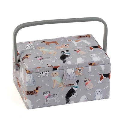 Hobby Gift Medium Sewing Box Organiser, Fabric Covered Storage Box with Handle, Internal Tray, Pin Cushion and Pocket for Sewing, Quilting and Knitting Supplies - color: Grey Dogs