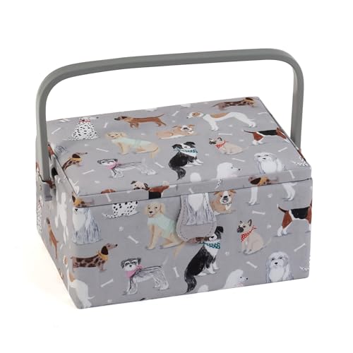 Hobby Gift Medium Sewing Box Organiser, Fabric Covered Storage Box with Handle, Internal Tray, Pin Cushion and Pocket for Sewing, Quilting and Knitting Supplies - color: Grey Dogs