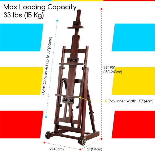 MEEDEN Multi-Function Studio Easel,H-Frame Easel,Painting Easel for Adults,Artist Easel,Floor Easel,Solid Beech Wooden Easels w/Front Wheels,Holds Canvas Art up to 77" - Deep Walnut