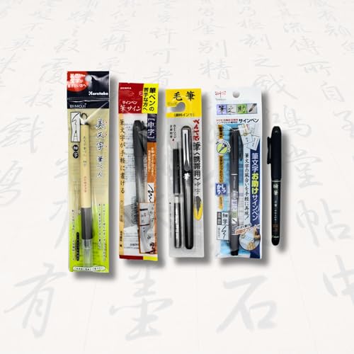 Brush Pen Sampler, Bold Medium Fine, Hard Soft Smooth, Japanese Brush Pen 5-Piece & Ink Testing Card Set