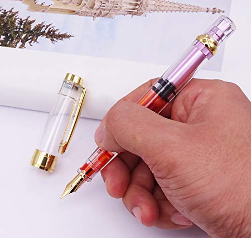 Lanxivi 4 Colors Yongsheng 3008A Fountain Pen Piston Filling Upgraded Fine Nib,Transparent Gold Trim - color: 3008A Gold Trim F