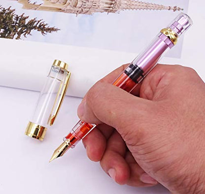 Lanxivi 4 Colors Yongsheng 3008A Fountain Pen Piston Filling Upgraded Fine Nib,Transparent Gold Trim - color: 3008A Gold Trim F