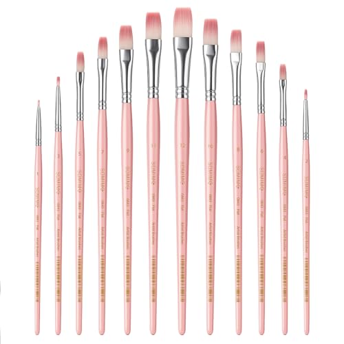 Professional Watercolor Paint Brush Set, 12 Pcs Flat Artist Paint Brushes for Watercolor, Oil, Gouache and Acrylic Painting, Pink Handle - color: Pink, size: Flat