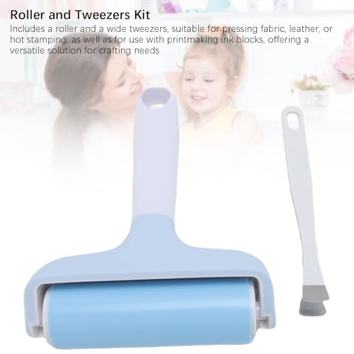 FAUOSWUK Rubber Brayer Roller, Silicone Roller and Tweezers Kit, Boat Flooring Install Printmaking Painting Stamping Wallpaper Gluing for Bubble Removal, Gripping and Lifting Threads (Light Blue) - color: Light Blue