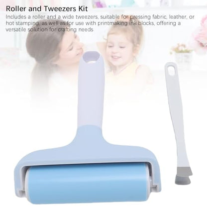 FAUOSWUK Rubber Brayer Roller, Silicone Roller and Tweezers Kit, Boat Flooring Install Printmaking Painting Stamping Wallpaper Gluing for Bubble Removal, Gripping and Lifting Threads (Light Blue) - color: Light Blue