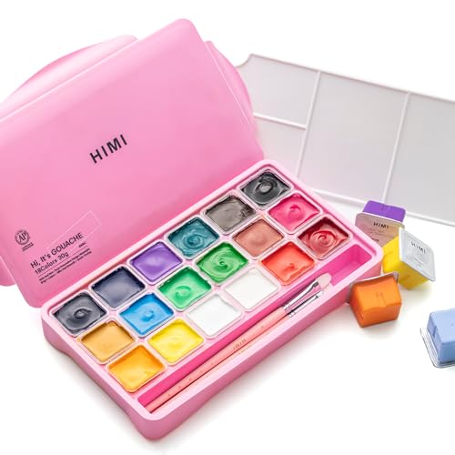 HIMI Gouache Paints Set, 18 Colors, 30g, jelly gouache paint set, Non Toxic Paint for Canvas and Paper, Art Supplies for Professionals, and More (Pink Case) - color: Pink