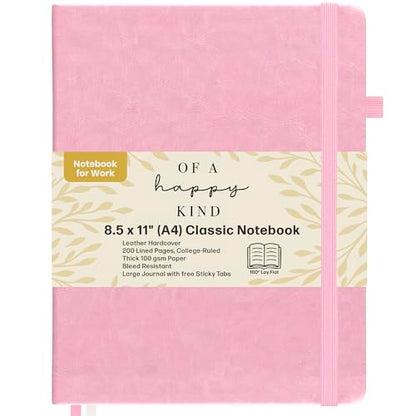 Classic Lined Journal Notebook 8.5x11" A4 Hardcover Leather - Pink - 200 Pages College Ruled Large with Sticky Tabs, Pockets, and Pen Loop for Writing and Journaling - Big Hardback Men and Women - color: Pink, size: A4 200 Pages