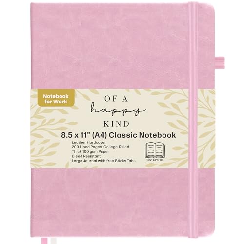 Classic Lined Journal Notebook 8.5x11" A4 Hardcover Leather - Pink - 200 Pages College Ruled Large with Sticky Tabs, Pockets, and Pen Loop for Writing and Journaling - Big Hardback Men and Women - color: Pink, size: A4 200 Pages