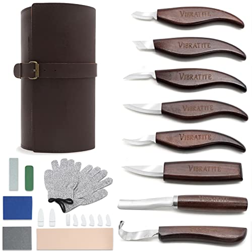 VIBRATITE Deluxe Wood Carving Kit, 15 PCS Wood Carving Tools for Beginners | Carving and Spoon Knives with Accessories, Leather Roll Bag, Whittling Kit for Kids & Adults, Woodworking and DIY Crafts - color: 15pcs