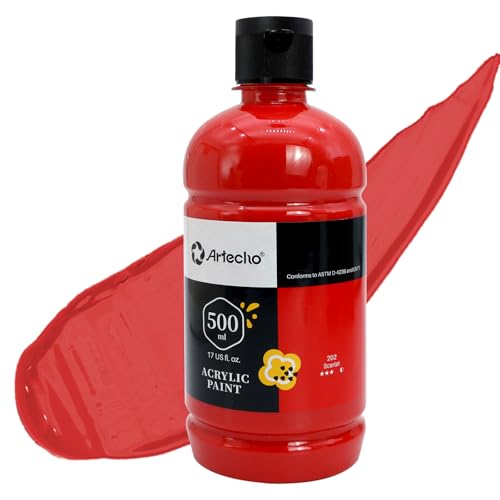 Artecho Scarlet Red Acrylic Paint 500ml / 17oz Large Bottle | Semi Glossy Finish, High Pigment Rich Color Craft Paint for Canvas, Rocks, Wood, Fabric, Ceramic, Non-Toxic - color: Scarlet Red, size: 17 Fl Oz (Pack of 1)