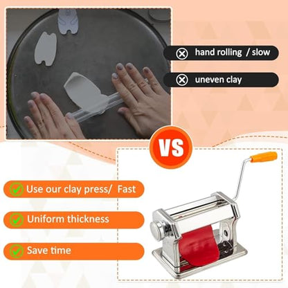 Stainless Steel Polymer Clay Roller Machine Set Includes Clay Presser Machine with 7 Adjustable Thickness Settings,8 Round Clay Cutter,9 Clay Shaping Tool and 7.87" Clay Cutter for DIY Craft Projects