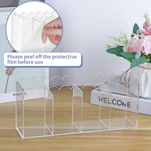 MOLIGOU Acrylic Pencil Holder, 4 Compartments Clear Pen Organizer, Desktop Pencil Holder with Scalloped Edges