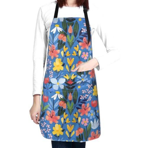 Fresh Meadow Floral Waterproof Apron with Pockets | Housework Aprons for Men Women Adjustable Bib Apron for Cooking Kitchen Baking BBQ Painting Garden Oil Resistant - color: Rainbow Floral on Azure