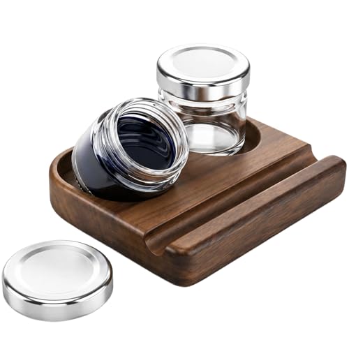 ZOOFOX Wooden Tilting Calligraphy Pen Holder, Brown Wood Ink Well for Dip Pen with Pen Rest and Two Empty Glass Ink Bottle Container, Calligraphy Oblique Nib Holder for Effortless Writing