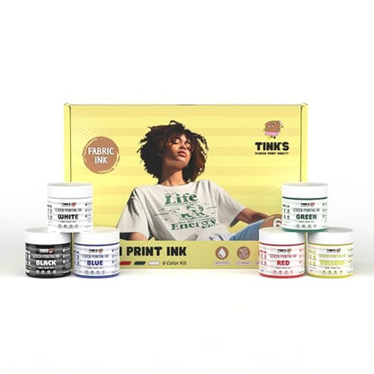 Tinks® Screen Printing Ink Set (6 Color - 4 oz.) —Screen Printing Fabric Ink for Cotton and Polyester, for Silk Screens and Linocut, Opaque Fabric Paint—Paintmaking Supplies for Shirts and Tote Bags
