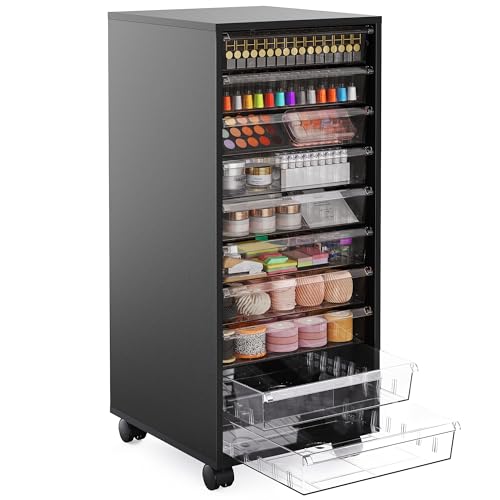 WOPITUES Storage Drawer Cart, Mobile Storage Cabinet, Makeup Storage with 10 Large Clear Drawers, Utility Wooden Rolling Cart on Wheels, for Cosmetic, Art Craft, Office Supplies, Toy, Black - color: Black, size: 10M
