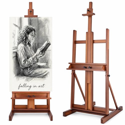 Falling in Art Large H-Frame Studio Easel, Solid Beechwood Easel Stand for Painting, Artist Canvas Easel Stand for Display, Holding Canvases up to 78 Inches, Walnut - style: Walnut