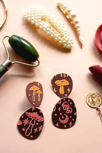Arbuya Polymer Clay Mushroom Texture Sheets for Earrings Jewelry Making, Boho Style Clay Moon Texture Mats for Polymer Clay Projects Mushroom Stamps for Clay Earrings Tools