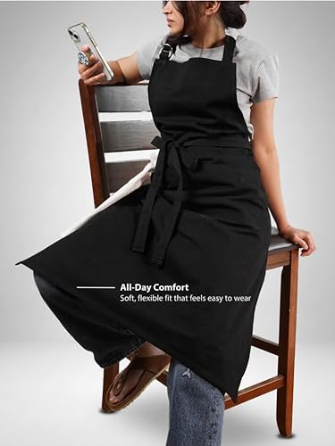 100% Cotton Kitchen Apron with 2 Pockets – Adjustable Chef Apron for Cooking Baking BBQ – Unisex Apron - color: Jet Black, size: Standard
