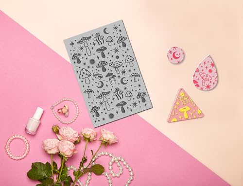 Arbuya Polymer Clay Mushroom Texture Sheets for Earrings Jewelry Making, Boho Style Clay Moon Texture Mats for Polymer Clay Projects Mushroom Stamps for Clay Earrings Tools