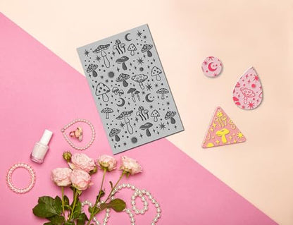 Arbuya Polymer Clay Mushroom Texture Sheets for Earrings Jewelry Making, Boho Style Clay Moon Texture Mats for Polymer Clay Projects Mushroom Stamps for Clay Earrings Tools