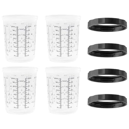 LAUCO 4 Pack Paint Spray Gun Hard Cup Set, 200ML (6.8 Oz) Reusable Mixing Cups with Retainer Rings, Compatible with Disposable Paint Cup Liner and Lid Systems for Automotive Paint, Primer, Clear Coat - size: 200ML