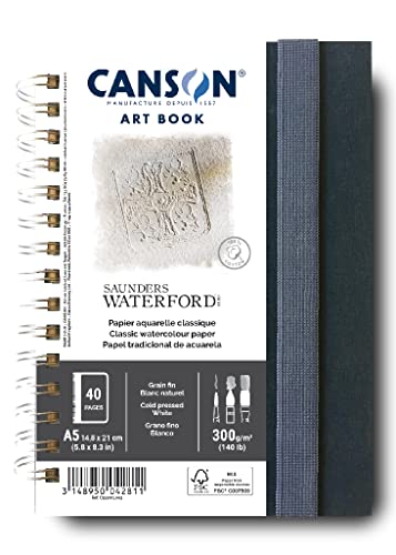 CANSON Professional Art Book, Fine Grain Watercolour Saunders Waterford Paper, 300gsm, A5 Spiral Portrait Notebook, 20 White Sheets, for Professional Artists & Students - style: Spiral,Unique