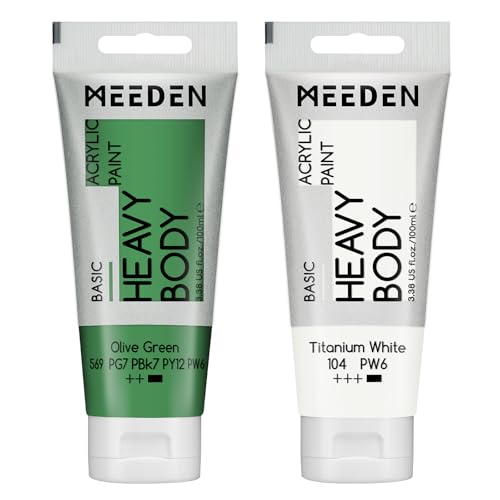 MEEDEN Acrylic Paint Olive Green: Bundled with Additional Titanium White Color - 100ml/3.38oz x 2 Bulk Heavy Body Acrylic Paint Tubes for Art Craft Painting - color: Olive Green, size: 2 Tubes