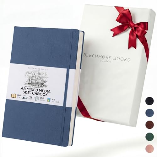 Beechmore Books A3 Mixed Media Sketchbook - 11.7x16.5 Extra Large Professional Studio Drawing Pad, 160 GSM / 98 lb Perforated Ivory Paper, Hardcover Lay-Flat Design, Gift Box for Artists & Watercolor - color: Symphony Blue, size: A3 - 11.7" x 16.5" Extra