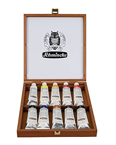 Schmincke - MUSSINI® finest resin oil colors, 10 x 35 ml set, 70 010 097, wooden box walnut-tinted, resin oil color based on recipes of old masters - size: 11.83 Fl Oz (Pack of 1)
