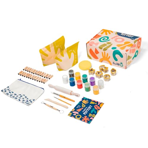 Sculpd - The Original Kids Pottery Kit, Air-Dry Clay Starter Kit for Kids Age 4 to 6, Air Dry Clay with 10 Colour Paint Set, Paintbrushes, Tool Set, Alphabet Stampers, Sponge and Step-by-Step Guide