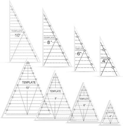 TSV Triangle Quilting Ruler Set: 8 Pack Thick Acrylic Triangle Templates in 4"/6"/8"/10" Size - Accurate Fabric Cutting for Quilter with Triangle Hexagon Diamond Kaleidoscope Geometric Patterns