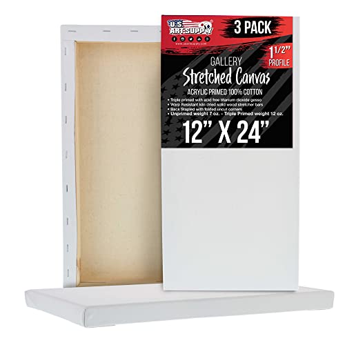 U.S. Art Supply Rectangle Stretched Canvas for Painting 12x24 inch Gallery Depth 1-1/2" Thick, 3-Pack - 12oz Acrylic Gesso Triple Primed, Professional Artist Quality, 100% Cotton - Oil, Pouring Paint - size: 12" x 24"