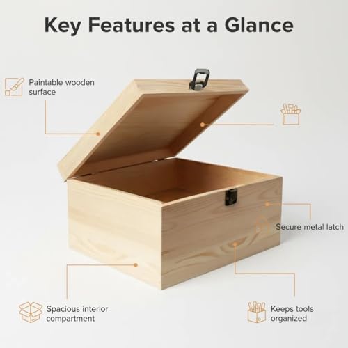 Unfinished Wooden Box 10x7x7 Inch with Hinged Lid & Clasp, Natural Pine Craft Storage Box for DIY Painting, Stain & Wood Burning, Includes 10 Paint Brushes