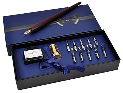 Plotube Wooden Pen Calligraphy Set - Dip Pen Gift Writing Case - Black Ink Bottle & Golden Holder & 11 Nibs and Beginner's Manual - color: Black