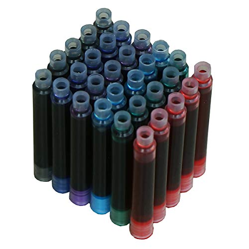 Asvine 30 PCS Hongdian Fountain Pen Ink Cartridges 6 Colors Set (Black, Blue, Green, Red, Purple, Light Blue), 3.4mm Bore Diameter - color: Mixed Color