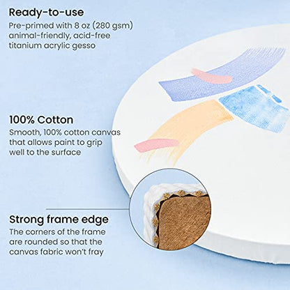 ARTEZA Round Stretched Canvas, 10 Inch Diameter, Pack of 8, Blank White Canvas Boards for Acrylic, Oil and Gouache Painting - size: 10 Inch