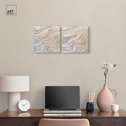 Art Remedy Silver Waves Set Canvas Set of 2 Earth Tone Abstract, Gallery Wrapped, 12 x 12 - color: Gallery Wrapped, size: 12" x 12"