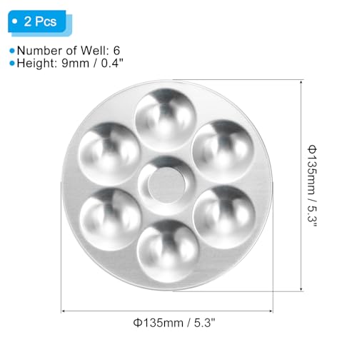PATIKIL 6 Well Paint Tray Palette, 2 Pack Washable Paint Palette Aluminum Paint Tray Round for Watercolor Painting Art Class Craft DIY Project, Silver