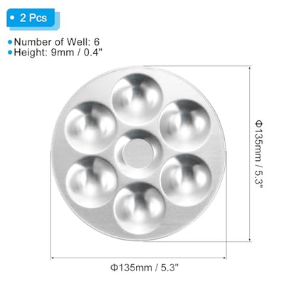 PATIKIL 6 Well Paint Tray Palette, 2 Pack Washable Paint Palette Aluminum Paint Tray Round for Watercolor Painting Art Class Craft DIY Project, Silver