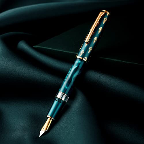 Hongdian N7 Blue Peacock Resin Piston Fountain Pen, Iridium Fine Nib Classic Pen, Smooth Writing Pen with Metal Box - color: Blue-N7, style: Fine Point