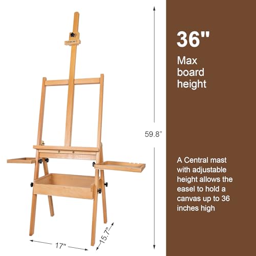 Large Wooden H-Frame Studio Easel with Storage Drawer and Palettes, Solid Beechwood Painting Easel for Students, Beginners, and Artists, Hold Canvas to 36Inches High - style: Side Trays Natural