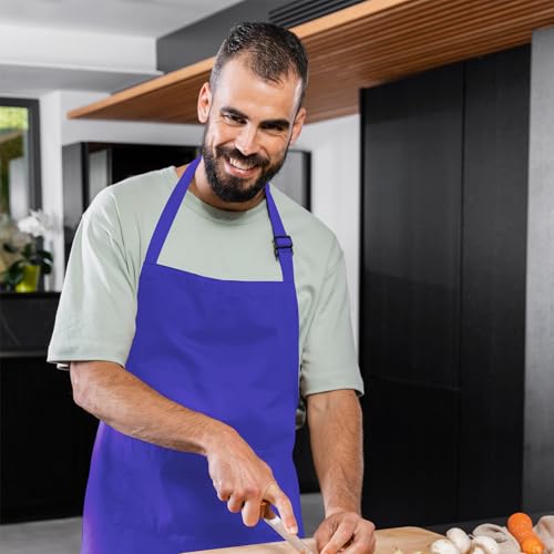 Adjustable Bib Apron 100% Polyester Kitchen Aprons Waterdrop Resistant Aprons with Adjustable Strap, Pockets & Long Ties - color: Royal Blue, style: Pack of 12