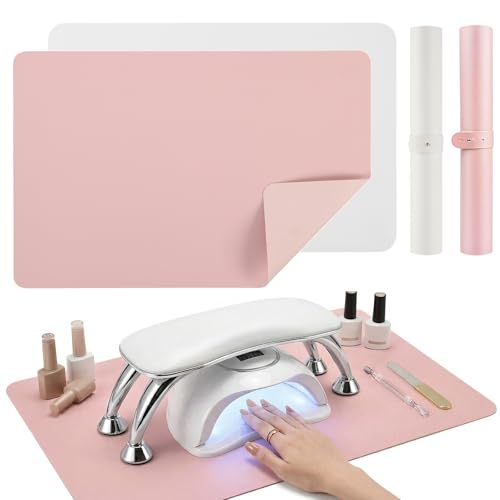 2 PCS Nail Art Table Mat, Soft Microfiber PU Leather Nail Pad, Foldable Nail Art Rest Pad, Reusable Nail Mat for Table Desk, Acrylic Nail Desk Mat for Nail Cushion (Pink and White) - color: Pink and White