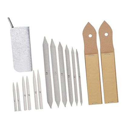 TEHAUX 15pcs Art Drawing Stump and Tortillions Set with Sandpaper Pencil Sharpener for Blending Shading and Detailing Sketches Light Grey Bag