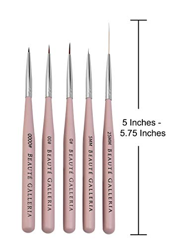 Beaute Galleria 5 Pieces Nail Art Brush Set with Liners (4mm, 7mm, 9mm) Striping Brushes (5mm, 25mm), for Thin Fine Line Drawing, Detail Painting, Striping, Blending, One Stroke